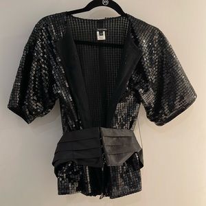 Alvin Valley unusual black Obi belt sequin jacket small 4 satin bondage edgy